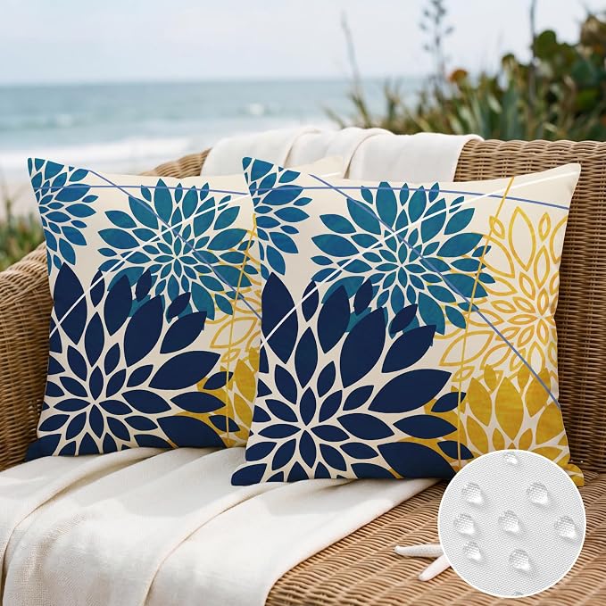 OTOSTAR Outdoor Dark Blue Cyan Yellow Pillow Covers 18x18 Inch Set of 2 Flower Throw Pillows Farmhouse Geometric Dahlia Floral Square Cushion Case Waterproof Decor for Sofa Patio Funiture Garden