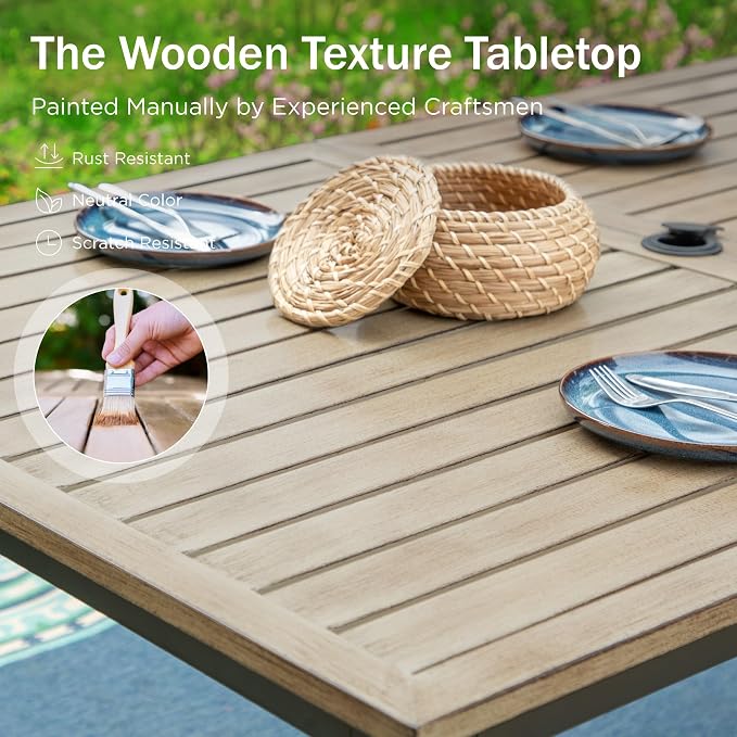 PHI VILLA 7 Piece Patio Dining Set, 64” Wood-Like Table, Rattan Chairs | Outdoor Dining Set for 6, Rectangular Table with Umbrella Hole, Wicker Chairs with Cushions for Patio, Deck, Porch