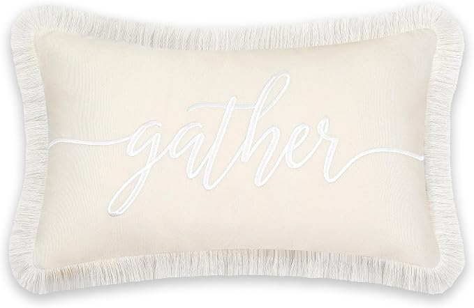 Hofdeco Premium Fall Coastal Patio Indoor Outdoor Lumbar Pillow Cover Only, 12"x20" Water Repellent for Backyard, Couch, Neutral Tan Embroidered Gather Fringe