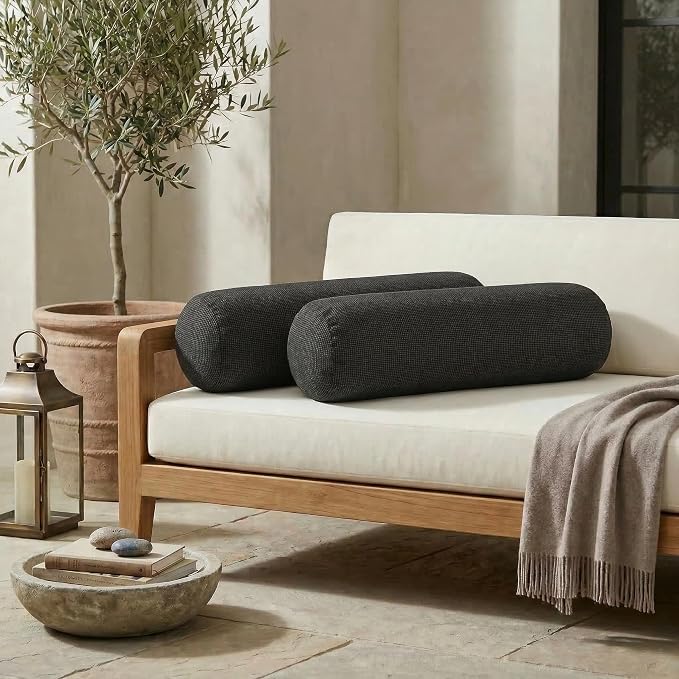 RSH DECOR: Sunbrella Neck Roll Pillows Set of 2 | 20” x 6” | Outdoor Bolster for Patio, Deck, Porch, or Poolside Furniture | Water & Fade-Resistant | Made in USA (Fife Slate)