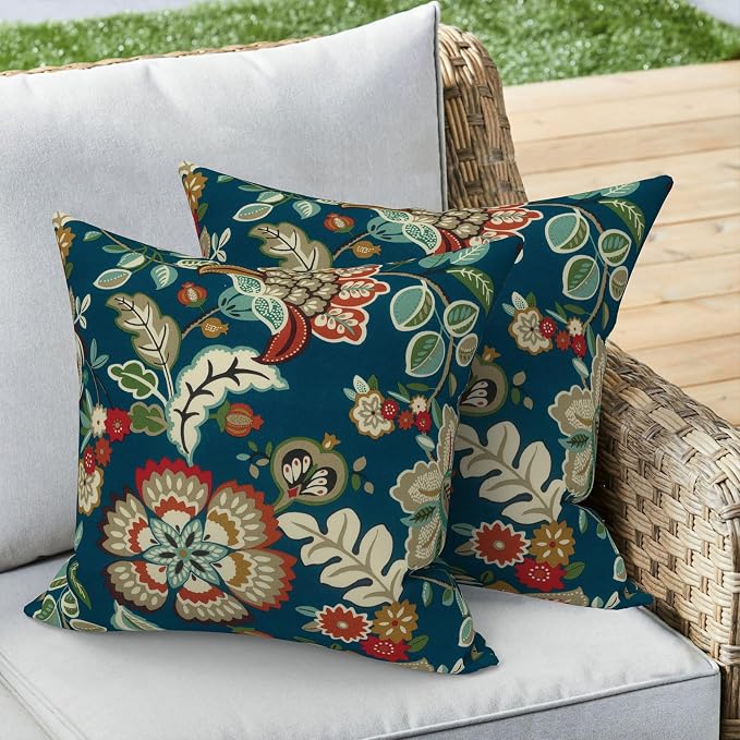 Outdoor 16x16 Inch Throw Pillow Covers Set of 2, All Weather Square Pillow Cases, Patio Cushion Pillow of Home Furniture Use, Peacock Blue