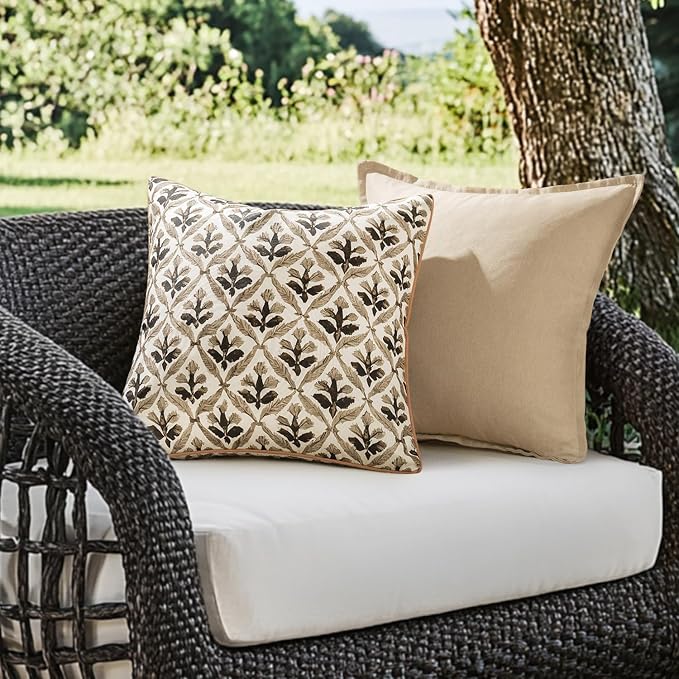 MIULEE Outdoor Floral Pillow Covers Waterproof 16x16 Coffe-Brown | Decorative Block Print,Boho Farmhouse, Set of 2 Coastal Summer Cushion Covers with Piping,Garden Patio Furniture Porch Couch