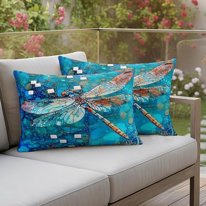 Blue Dragonfly Outdoor Pillow Covers Set of 2 Country Vintage Watercolor Dragonfly Wings Waterproof Throw Pillow Cover Decorative Cushion Cases for Patio Porch Garden 20X12 Inch