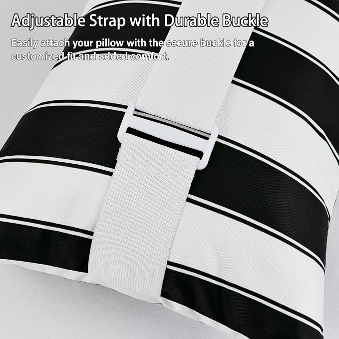 Outdoor Lounge Chair Headrest Pillow 16x11 Inch, Black Striped Waterproof Lumbar Pillows with Insert Adjustable Elastic Strap, Neck Attachment for Recliner Patio Beach Pool Office, 2 Pack