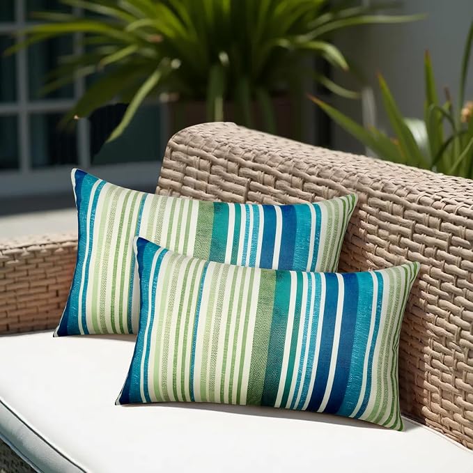 12x20 Waterproof Outdoor Pillows, Set of 2 Outdoor Lumbar Pillows | Patio Furniture Pillows, Decorative Throw Pillows, Waterproof & Fade Resistant, Removable & Washable, Stripe Blue Green