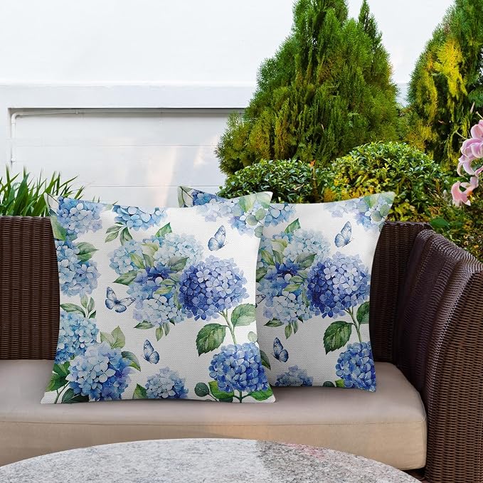 Throw Pillow Covers, Blue Hydrangea Floral, 18 x 18 Inch, Set of 2 | Waterproof outdoor square cushion case pillowcase for farmhouse garden couch beach patio decorative pillows