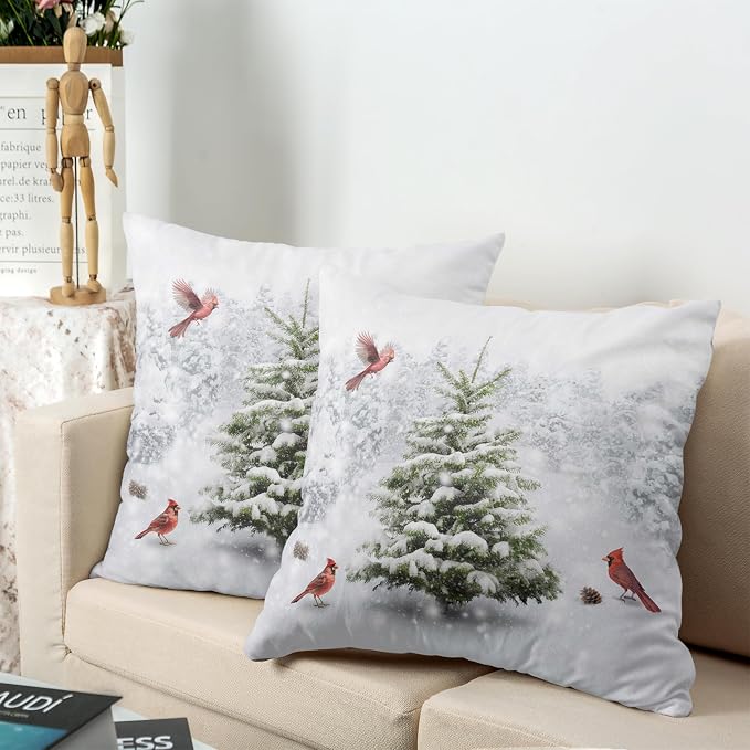 Winter Pine Tree Throw Pillow Covers 24x24 Snowy Natural Forest Decorative Pillow Case Set of 2 Christmas Tree with Cardinal Birds Pillow Covers for Couch Living Room Patio