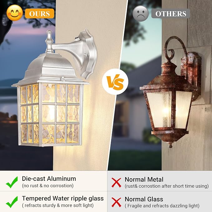 Exterior Lighting Fixtures Wall Mount Set of 2, Dusk to Dawn Porch Lights | Aluminum Frame, Water Rippled Glass, Waterproof, E26, Sensor Wall Lantern, Outdoor Wall Sconce For Garage, Front Door