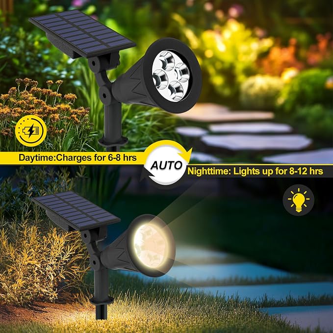T-SUN Solar Spot Lights Outdoor Waterproof, Natural White, 2 Pack | 4 LEDs, 2 Lighting Modes, IP65 Waterproof Dusk to Dawn Solar Lights for Tree, Patio, Yard, Garden, Driveway, Pool Area