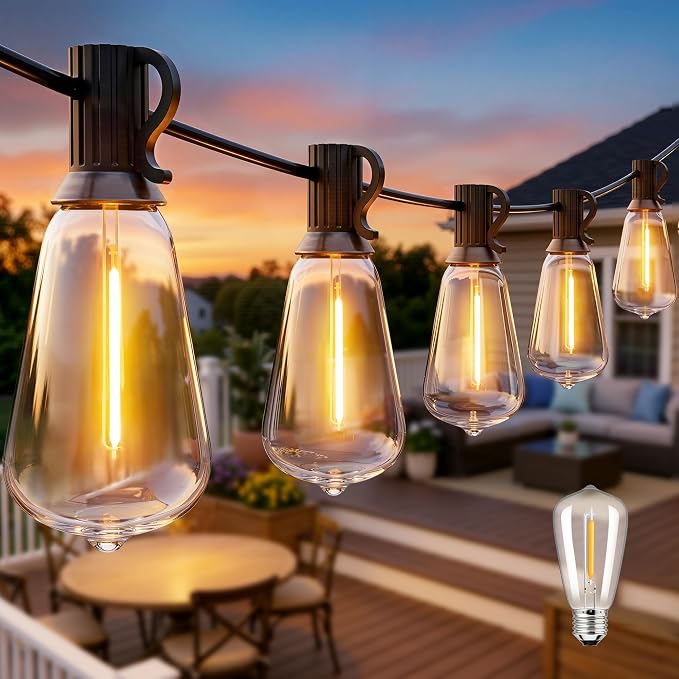 Ollny Outdoor String Lights 40FT, Bright Shatterproof Connectable Outside String Lights with 15 ST38 Vintage Edison Bulbs, 2200K Warm White Waterproof Patio Light for Yard Gazebo Porch Balcony