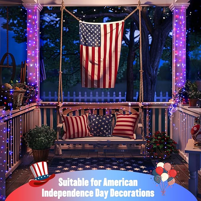 JMEXSUSS 2 Pack Solar Fairy Lights, Each 100 LED 33FT, Red White and Blue | Outdoor Waterproof, 4th of July Solar String Lights for Independence Day Outside Patio Yard Garden Decorations