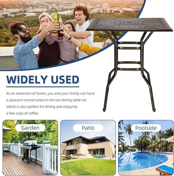 Outdoor Cast Aluminum Bar Table, 35.4" Patio Bar Height Table with 2.2" Umbrella Hole, All Weather High Top Bistro Square Dining Table for Outside Deck Porch Balcony Poolside, Dark Bronze
