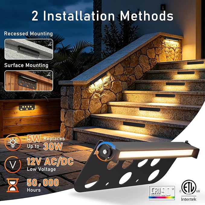4 Pack 7 Inch Retaining Wall Lights, 5W 500LM, 2700K Soft White | 12V AC/DC Low Voltage LED Hardscape Lighting, IP65 Waterproof Landscape Light, Outdoor Step Light for Patio Walls Stairs, ETL