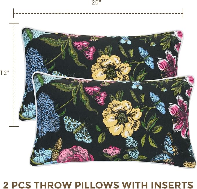 Lumbar Pillow with Insert, Set of 2, Outdoor Indoor Waterproof Decorative Patio Lumbar Pillow 12x20 Inch, Rectangular Cushion for Couch Sofa Garden Farmhouse Decoration-Black Butterfly Flower