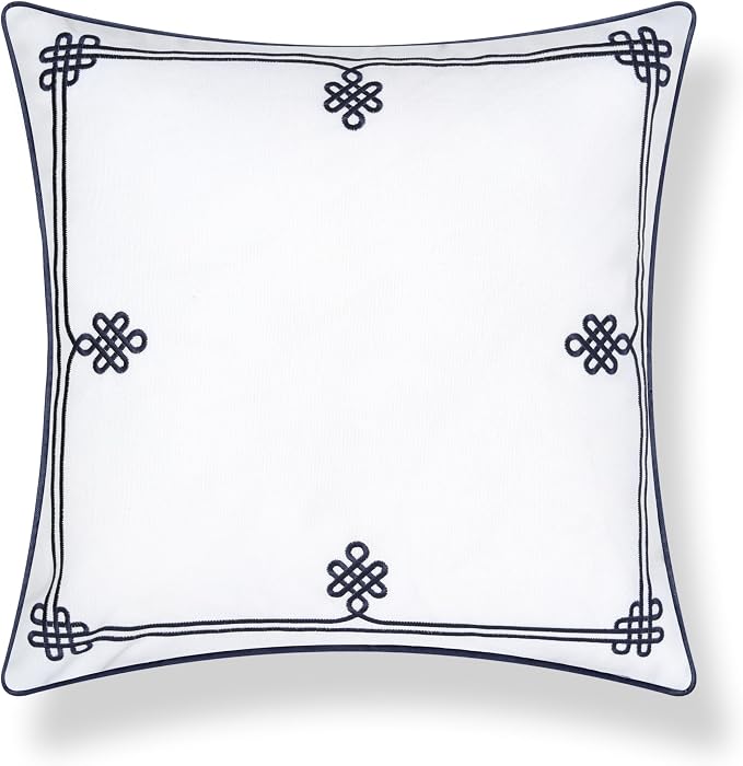 Hofdeco Premium Coastal Hampton Patio Indoor Outdoor Throw Pillow Cover Only, 22"x22" Water Repellent for Backyard, Couch, Poolside, Navy Blue Embroidered Chinoise Lucky Knots