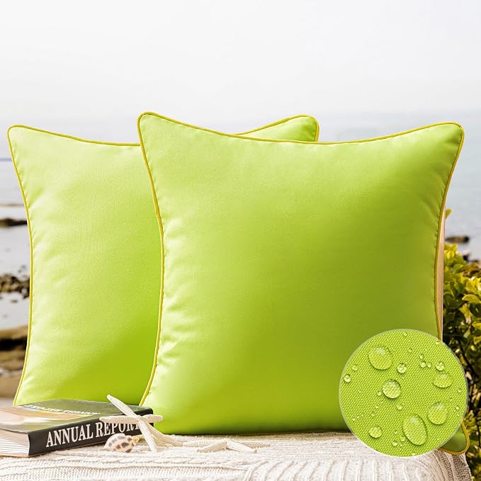Phantoscope Pack of 2 Outdoor Waterproof Throw Pillow Covers with Contrast Piping, Decorative Square Cushion Case Patio Pillows for Couch Tent, Lime Green 18x18 inches