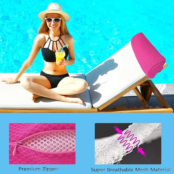2 Pack Headrest Pillow for Patio Chaise Lounge,Recliner,Beach Chair,Pink | Resilient 3D mesh pillow with removable washable cover, adjustable elastic strap, ergonomic support, lightweight portable