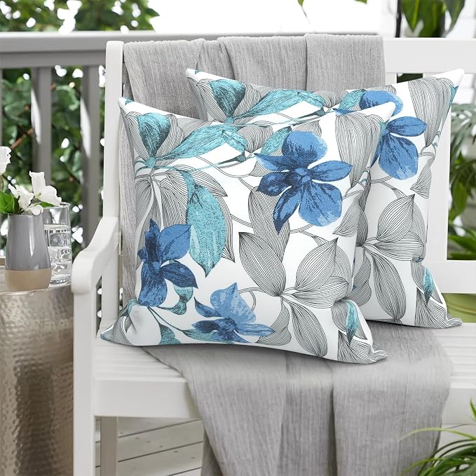 20x20 Inch Pack of 2 Patio Throw Pillow Covers ONLY, Water Repellent Cushion Cases, Square Pillowcases for Outdoor Couch Decoration, Clemens Noir Blue