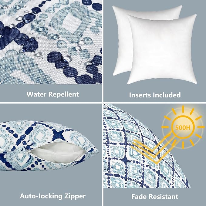 LVTXIII Outdoor/Indoor Throw Pillows, Decorative Throw Pillows with Inserts, 18"x18" Square Pillows for Bed, Couch, Sofa and Patio Furniture, Set of 2, Boho Geometry Blue