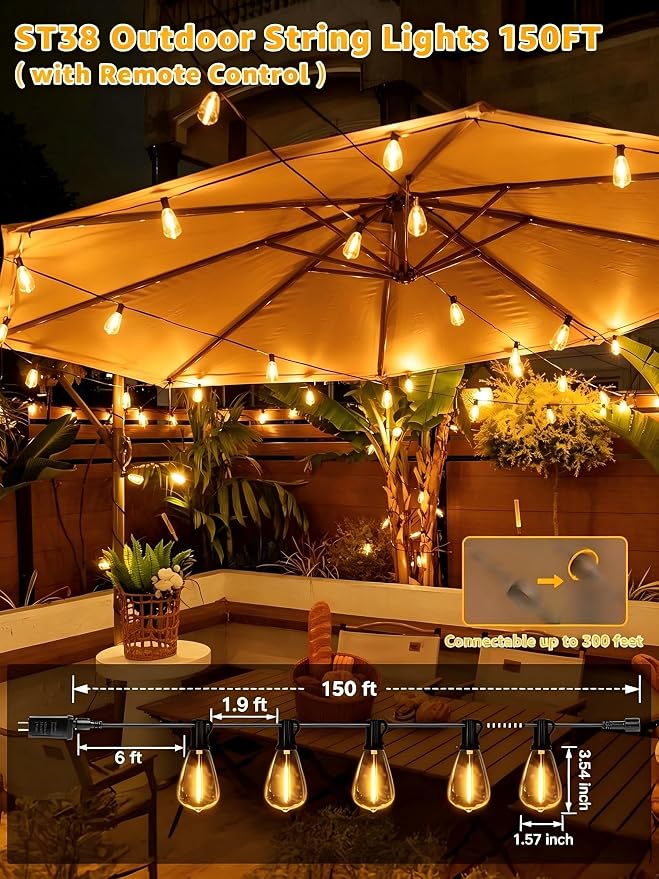 Outdoor String Lights Dimmable with Remote, 150 FT Outdoor Lights with 2 Timer and 3 Mode, Waterproof & Shatterproof Patio Lights, 2200K Energy Saving String Lights 4 Spare Bulbs for Patio Yard
