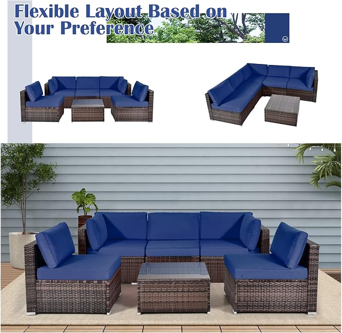 HAPPYGRILL 6 Pieces Outdoor Patio Furniture Set, PE Rattan Conversation Set with Tempered Glass Coffee Table and Cozy Cushions, Weather Resistant Sectional Sofa Set, Navy Blue