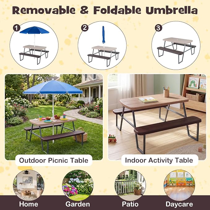 HONEY JOY Kids Picnic Table, 4 Person Toddler Outdoor Table and Chair Set, Built-in Benches, Removable Umbrella, Metal Frame & HDPE Top, Children Outdoor Furniture for Backyard Patio Garden (Coffee)