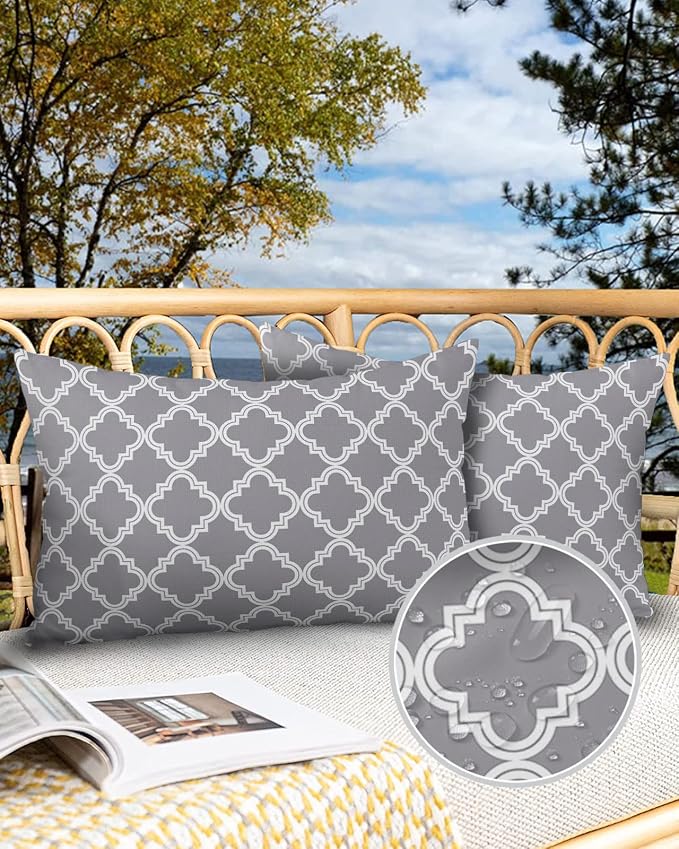 Outdoor Waterproof Pillow Covers for Patio Furniture Moroccan Pattern Decorative Throw Pillow Cover Geometric Trellis Grey Pillowcases Set of 2 Cushion Case for Sofa Couch Chair Home Decor 20x12 inch