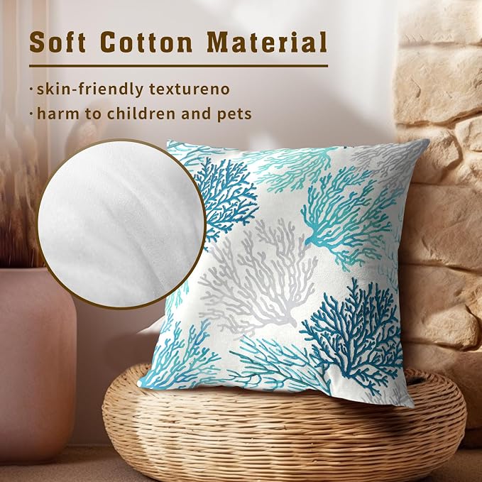 Blue Coastal Throw Pillow Covers 20x20 Inch, 2Pcs Teal Grayed Jade Grey Coral Square Cushion Cover Pillow Case Summer Decor for Home Sofa Bed Couch