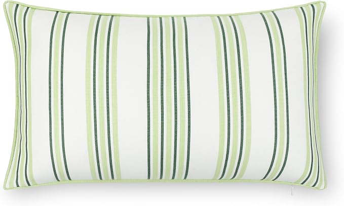 Hofdeco Premium Coastal Hampton Outdoor Performance Lumbar Pillow Cover Only, 12"x20" Water Repellent, UV and Fade Resistant for Backyard, Couch, Poolside, Grass Green Woven Bayside Stripes