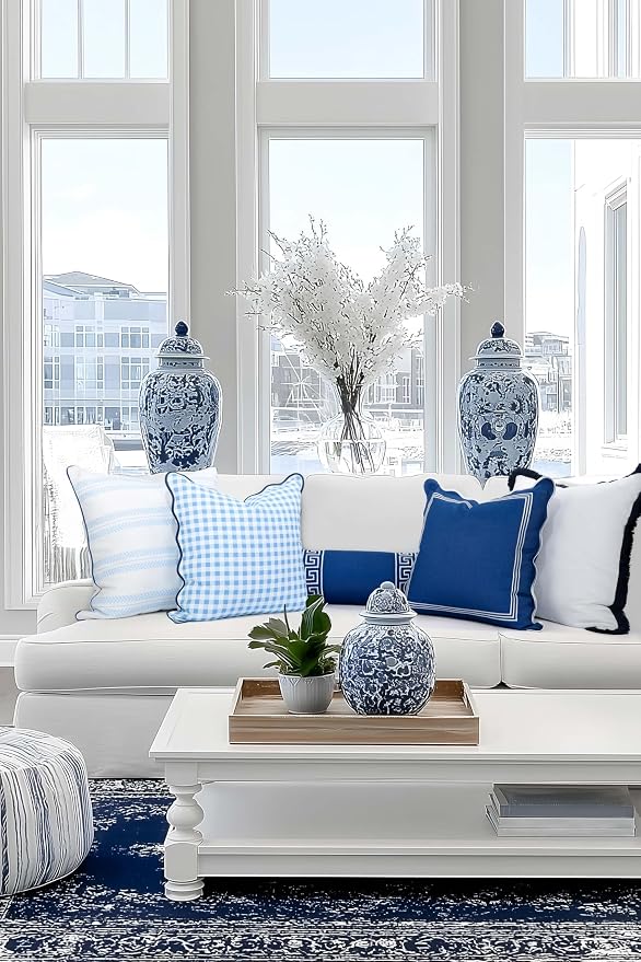 Hofdeco Premium Coastal Hampton Scalloped Patio Indoor Outdoor Throw Pillow Cover Only, 20"x20" Water Repellent for Backyard, Couch, Poolside, Azure Blue Navy Print Gingham