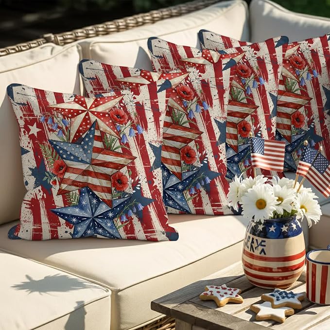 Independence Day Outdoor Pillow Covers 24"x24" Set of 2, Retro American Flag Star Red Flower Abstract Country Waterproof Throw Pillow Covers for Patio Furniture, Decorative Cushion Covers for Porch