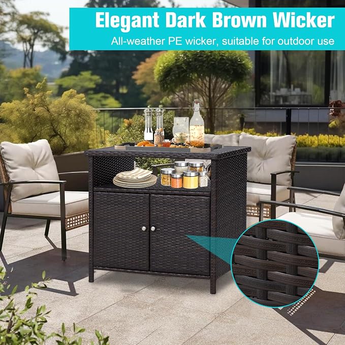 Wicker Outdoor Bar Table with Aluminum Tabletop - Outdoor Storage Cabinet Weather-Proof Rattan Bar Counter Table with Two Doors for Outdoor Cushions, Pool Toys and Garden Tools