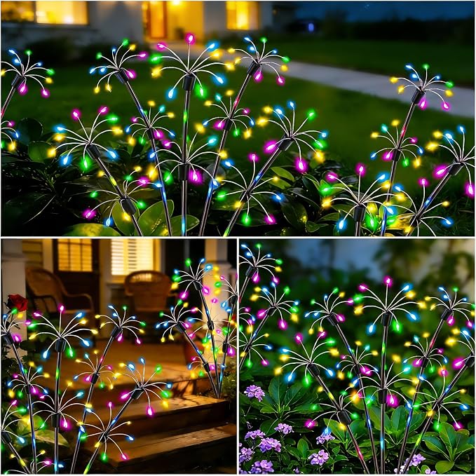 VOOKRY Solar Garden Lights Outdoor, 4 Pack Multicolor Fairy Firework Lights | Waterproof Starburst Fairy Light, Garden Decor for Yard Patio Pathway Lawn, Unique Gifts for Women Mom, Christmas Decorations