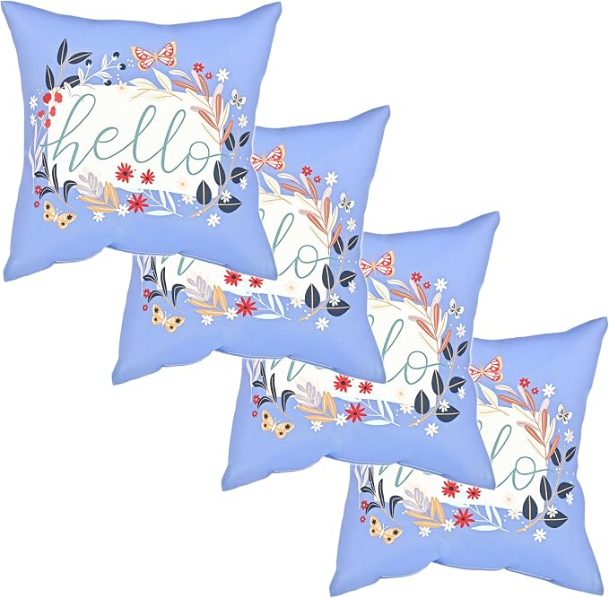 Outdoor Throw Pillows Waterproof Set of 4 18x18 Inches for Bed and Patio Furniture, Hello Pattern Decorative Throw Pillows with Insert for Couch