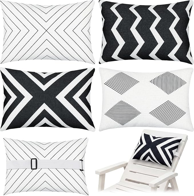 Juexica 4 Pcs Black & White Chaise Lounge Headrest Pillow, 16 x 11'', Stripe Decorative Outdoor Patio Neck Headrest Pillow, Adjustable Elastic Strap, Waterproof for Pool Recliner Hammock Beach Chair