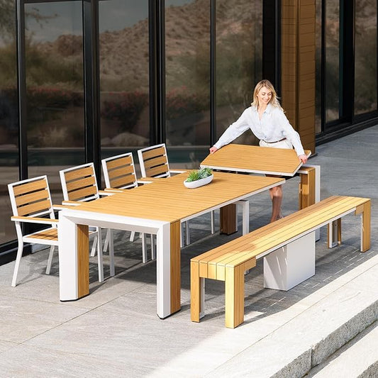 Transformer Table - Extendable Outdoor Dining Set up to 12, Expandable Patio Table, Weather-Resistant Patio Furniture, Light Oak, Natural (Table + Bench + 4 Chairs)