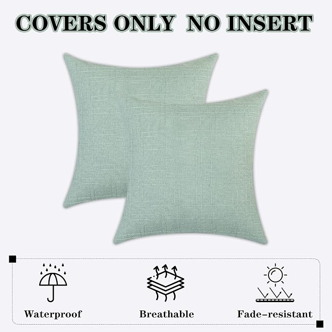 Kevin Textile Outdoor Waterproof 18”x18” Pillow Covers 2 Pack, Mint | Water Resistant, Soft Faux Linen-cotton Yarn-dyed Woven Texture Throw Pillow Covers for Tent Patio Garden Couch Sofa