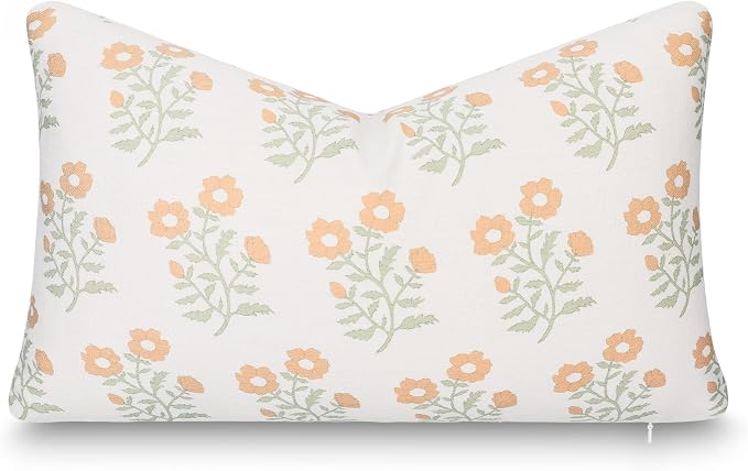 Modern Farmhouse California Casual Indoor Outdoor Lumbar Pillow Cover, 12"x20" Water Repellent for Patio, Backyard, Couch, Poolside, Ivory Cream Tan Green Print Block Painting Flowers
