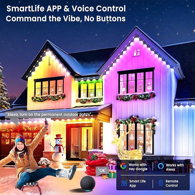 Smart Permanent Outdoor Lights for House, 150ft with 72 RGB+IC Permanent Outdoor Lights, P67 Waterproof with DIY Scene for Halloween Christmas Decor, Remote Control, Work with Alexa, Google Assistant