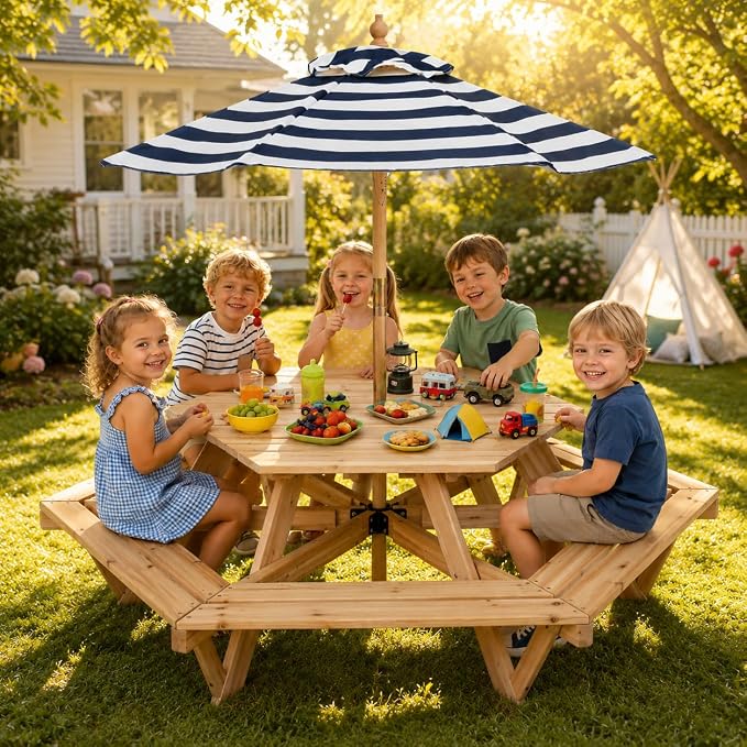 HONEY JOY Kids Picnic Table, Hexagonal Toddler Outdoor Table and Chair Set, 6 Built-in Benches, Removable Umbrella, Fir Wood Children Backyard Furniture for Patio Garden Deck Poolside, Natural