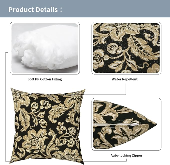 Outdoor Pillows with Insert 16x16 Inch, Waterproof Throw Pillow for Patio Furniture, Decorative Back Cushion for Garden Home Sofa Office Chair, Set of 2, Jacobean Black