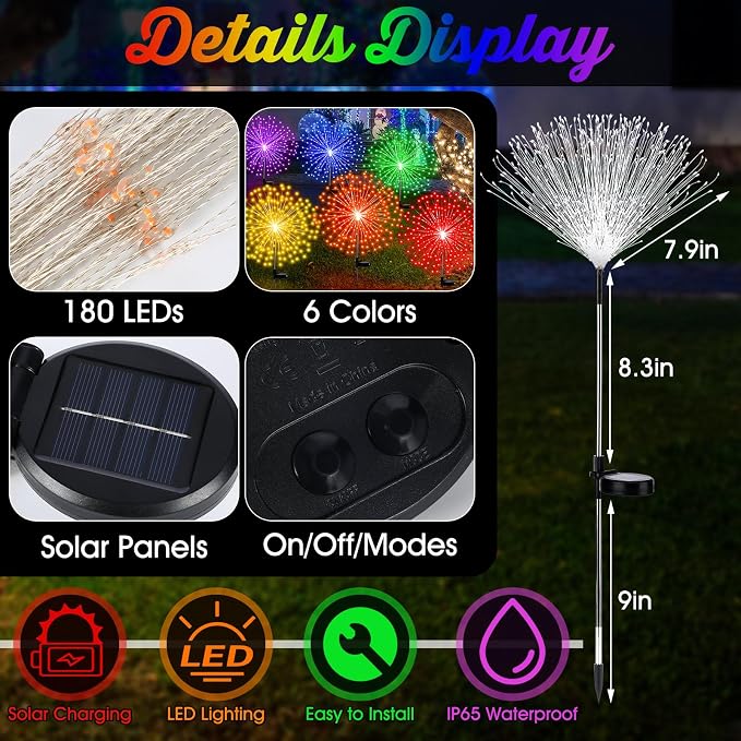 Tujoe 6 Pcs Solar Firework Stake Lights 180 LED 8 Modes Solar Waterproof LED Sparkler Lights Outdoor Decoration for Christmas in July, Summer Party Yard Garden Patio Pathway Walkway Lawn (Multicolor)