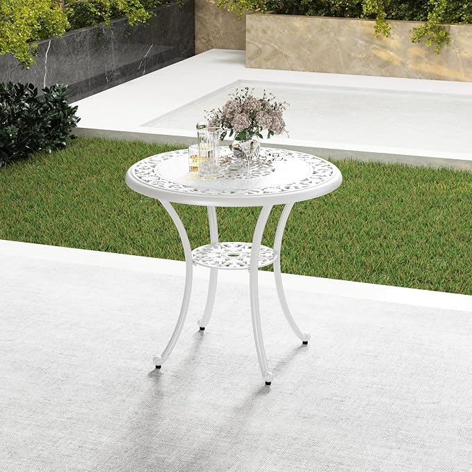 Tangkula 31.5” Cast Aluminum Patio Dining Table, Round Outdoor Bistro Table with 2” Umbrella Hole, Outdoor Side Table for Backyard, Lawn, Deck and Garden, White