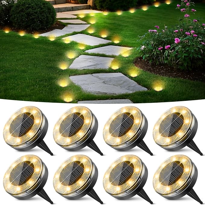 Mini Solar Ground Lights, 8 Pack Flat Solar Disc Lights Outdoor Waterproof, 2.3 Inch Small Solar Garden Lights Landscape Lighting for Outside Pathway Garden Yard Lawn Walkway,Warm White