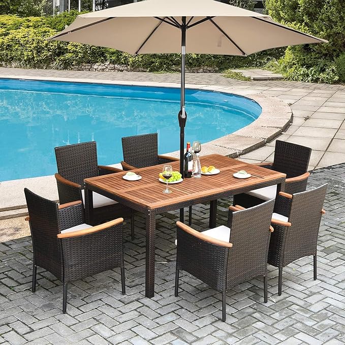 HAPPYGRILL 7-Piece Rattan Patio Dining Set Outdoor Wicker Dining Set with Umbrella Hole, Removable Cushions, Table & Chairs Set with Acacia Wood Table Top