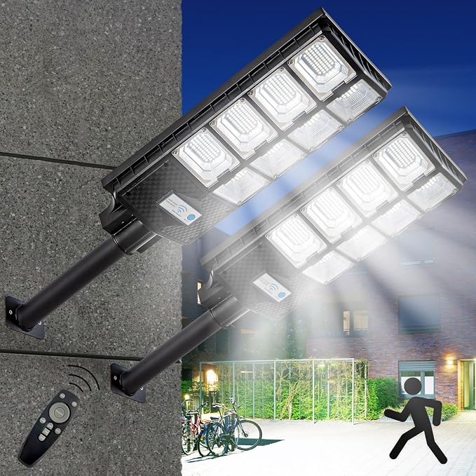 Solar Street Lights Outdoor, IP67 Waterproof, with Motion Sensor, Remote, and Auto Dusk to Dawn | Bright 6500K LED Solar Powered for Patio, Garden, Garage, Courtyard & Parking Lot (2 Pack)