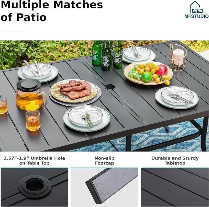 MFSTUDIO Outdoor Dining Set for 6, Patio Furniture Set with Navy Umbrella (Base not Included), Outdoor Metal Table and Light Grey Swivel Chairs Set for Patio, Deck, Backyard, Garden
