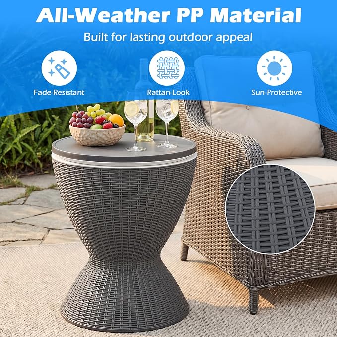 Tangkula Outdoor Cooler Table, Multi-Functional Cooler Bar Table, Adjustable Height Ice Cooler Side Table w/Drain Plug, 8 Gallon Beer & Wine Cooler, Rattan Style Patio Furniture for Pool Parties
