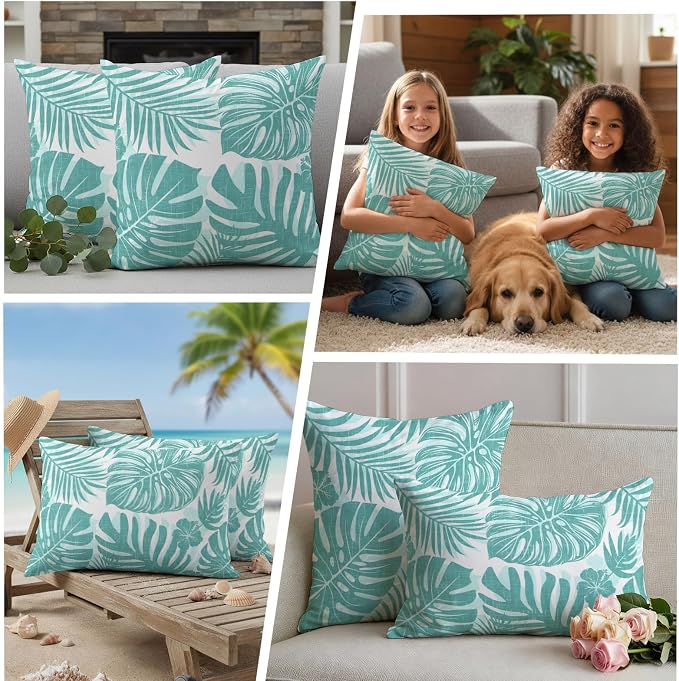 Aqua Teal Palm Leaves Outdoor Pillow Covers 24"x24" Set of 2, Tropical Botanical Minimalist Modern Waterproof Throw Pillow Covers for Patio Furniture, Decorative Cushion Covers for Porch