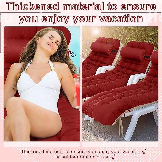 Tudomro Outdoor Chaise Lounge Cushion 66x21x4'' Waterproof & Fade-Resistant Patio Pool Chaise Lounge Cushion Headrest Pillow Tie Replacement Rocking High Back Chair(Burgundy,1 Pcs)